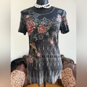 Skinny Minnie Y2K Rhinestone Roses Stretchy T-Shirt Size Large